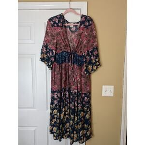 Boho Patchwork Floral Kimono Sleeve Midi Duster- Size Large / XL - Navy Mauve